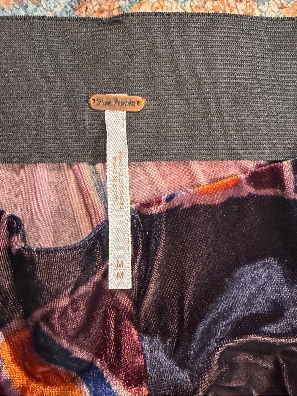 Free People Black Velvet Burnout Flare Pants with Rust & Navy Leaf Print - Picture 2 of 4